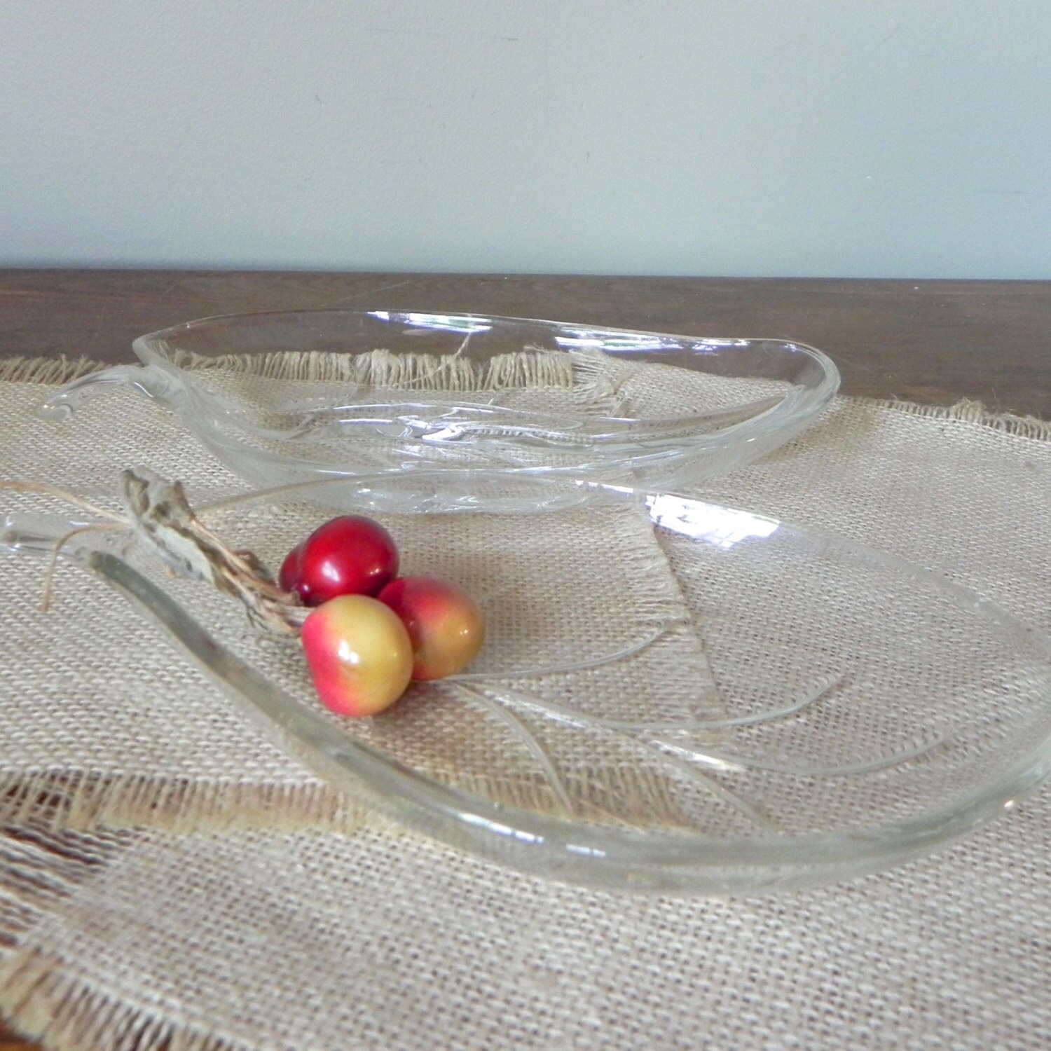 Two vintage clear glass leaf bowls plates trinket by jollytimeone