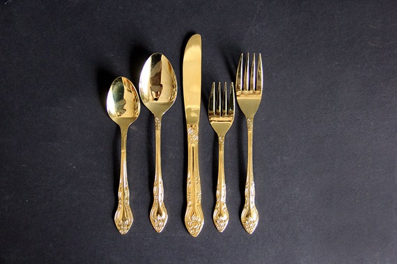 Stainless Steel Gold Plated Flatware Set Service for 8