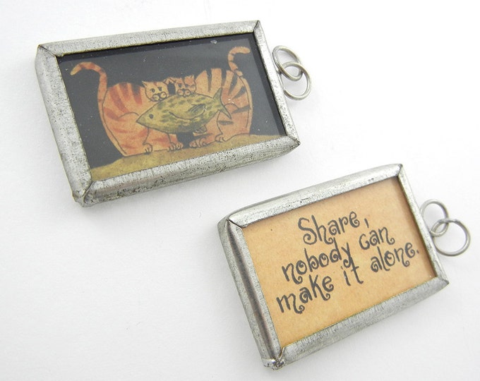 One Two-sided Pendant with Cats with Fish Illustration and Message