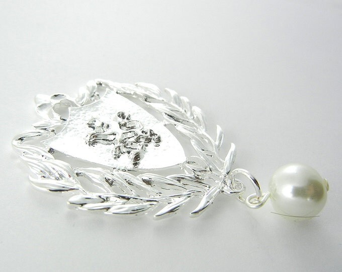 Bright Silver-tone Heraldry Shield with Lion Crest and Faux Pearl Drop Pendant Jewelry Supplies