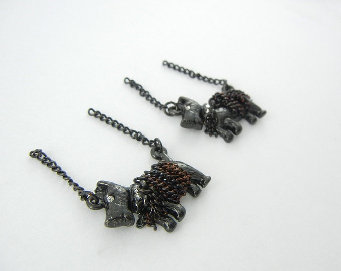 Pair of Black Epoxy Scottie Dog Charms with Chains Rhinestones Jewelry Supplies