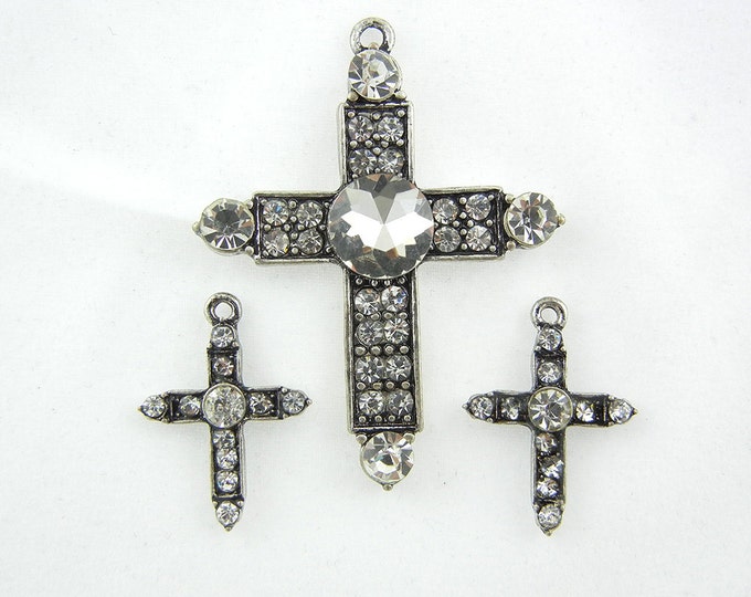 Set of Antique Silver-tone Rhinestone Cross Pendant and Matching Charms Jewelry Supplies