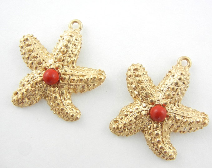 Pair of Matte Gold-tone Starfish Charms with Acrylic Red Coral Bead Center