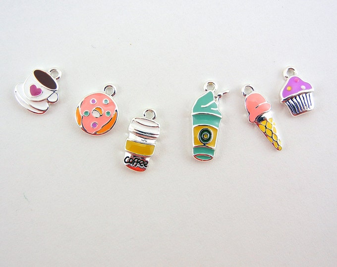 Set of 6 Dessert Themed Epoxy Charms Silver-tone