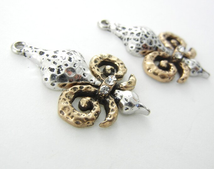 Pair of Two-toned Hammered Fleur de Lis Charms Row of Rhinestone Accent