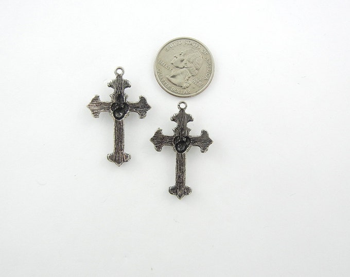 Pair of Antique Silver-tone Cross Charms with Rhinestones