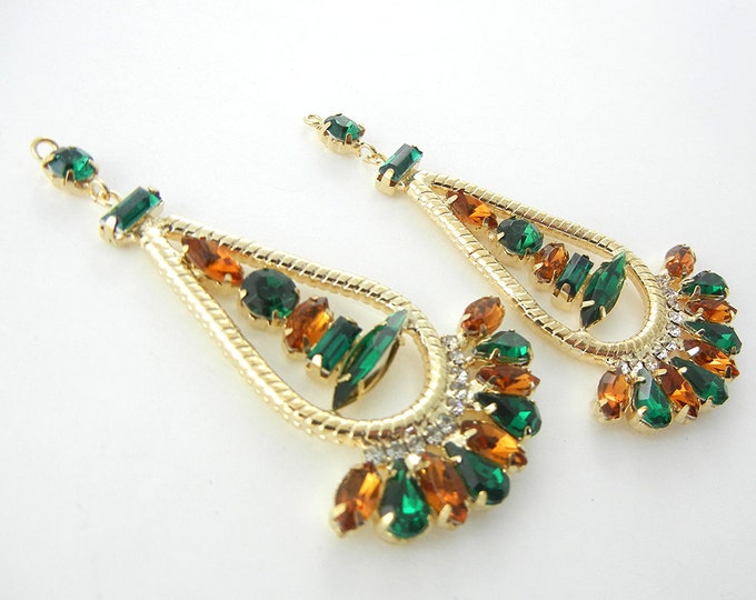 Pair of Gold-tone Drop Charms with Green and Topaz Faceted Gems