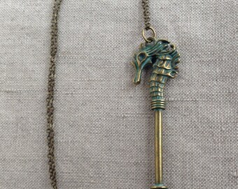 Skeleton Key Necklace, Sea Horse Key, Vintage Key Necklace