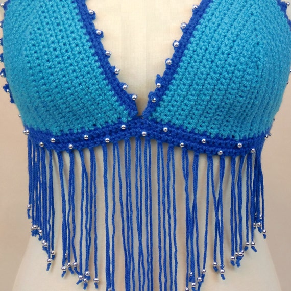 Crochet Bikini Beaded Crop Top with Fringe Summer Wear EDM