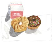 Crueller and Chocolate Frosted Donut with Sprinkles Original Watercolor Painting