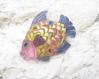 Vintage Lucite Fish Brooch Rhinestone Jewelry Book Piece P6223