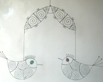 Wire Mobile Sculpture With Two Birds, Mobile Fil De Fer