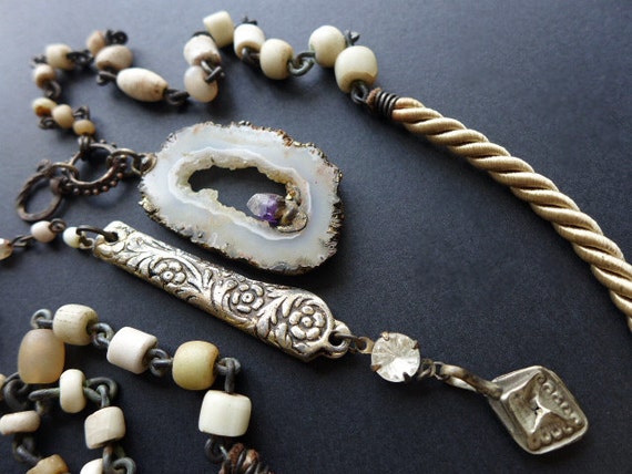 Aware. Druzy geode slice n knife. Rustic assemblage victorian tribal necklace lariat.