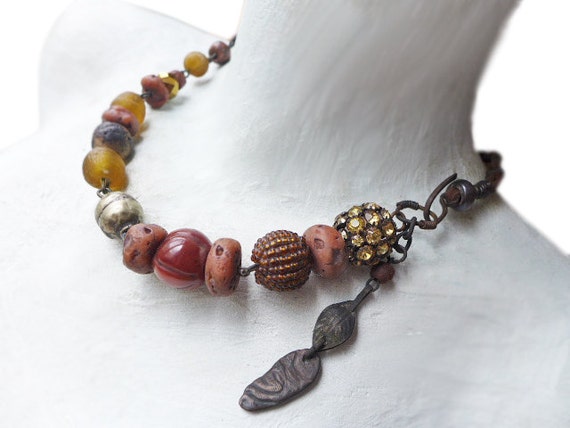 Aphelion. Chunky graduated choker in amber browns. Rustic assemblage victorian tribal necklace.