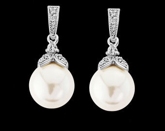 Pearl drop wedding earrings silver pearl drop bridal earrings vintage style crystal pearl drop wedding bridal earrings