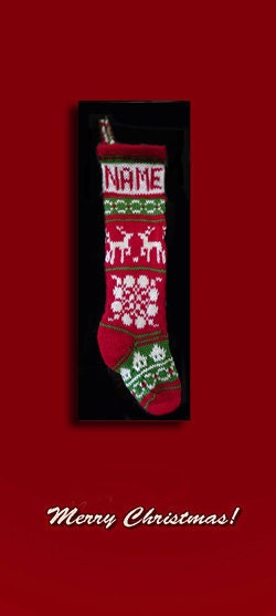 Hand knit Christmas stocking, Personalized, made of pure wool yarn, fully lined -- reindeer, house, wreath and snawflake