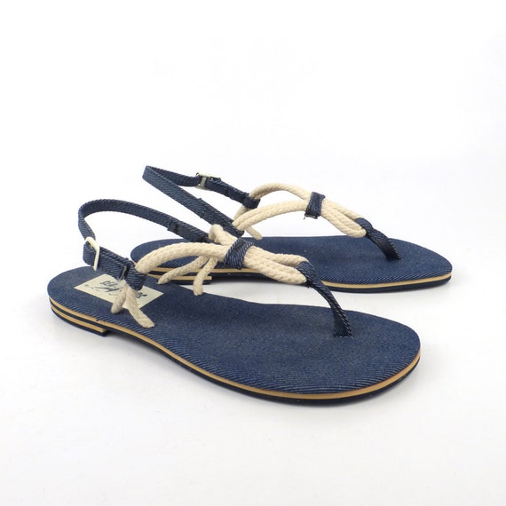 Rope Denim Sandals 1980s Flip Flops Shoes Vintage Sea Birds Nautical ...