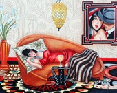Art Deco Fine Art Print Woman on Sofa Wine Fur Coat Lovers Floral from Original Oil Painting by k Madison Moore Art Deco Fine Art Print Woman on Sofa Wine Fur Coat Lovers Floral from Original Oil Painting by k Madison Moore