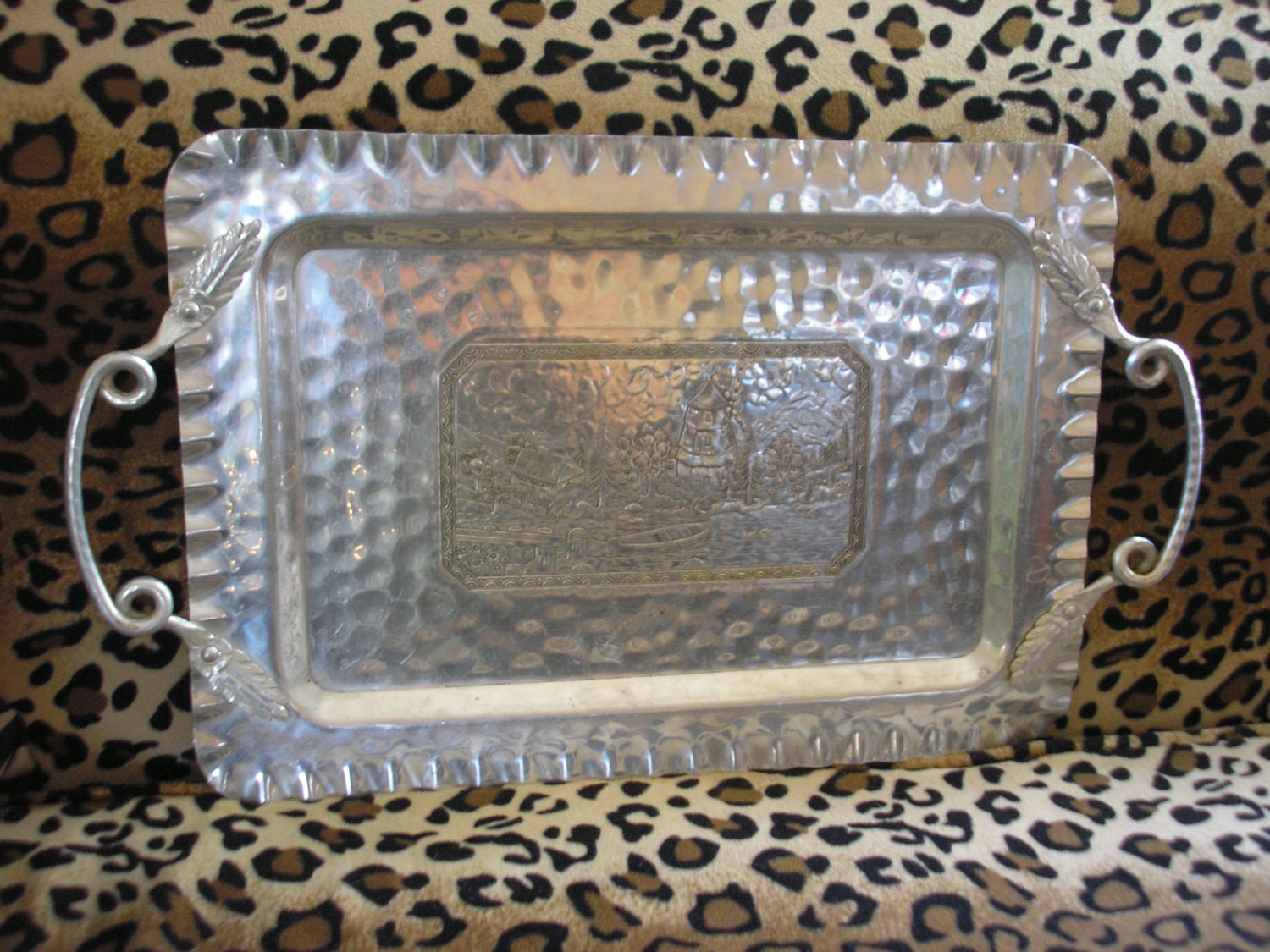 Vintage Hammered Aluminum Tray Cromwell Hand Wrought Engraved