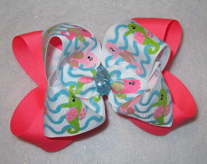 Girls Hairbows, Sparkle Seahorse Bow, Neon Glitter Bow, Waves Hair Bow, Girls Pink Bow, Aqua Blue Hair Bow, Seahorse Hairbow, Neon Bows,