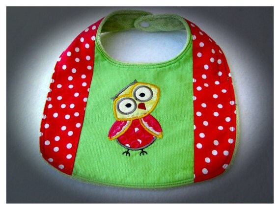 Appliqued Embroidered Baby Bib, Owl Baby Bib, 0 to 12 Months
