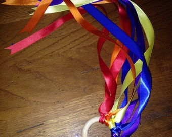 Ribbon Rings for dancing and play - SET OF 2 Rainbow colored ribbon on wooden rings are magical for little ones to run dance and play with.