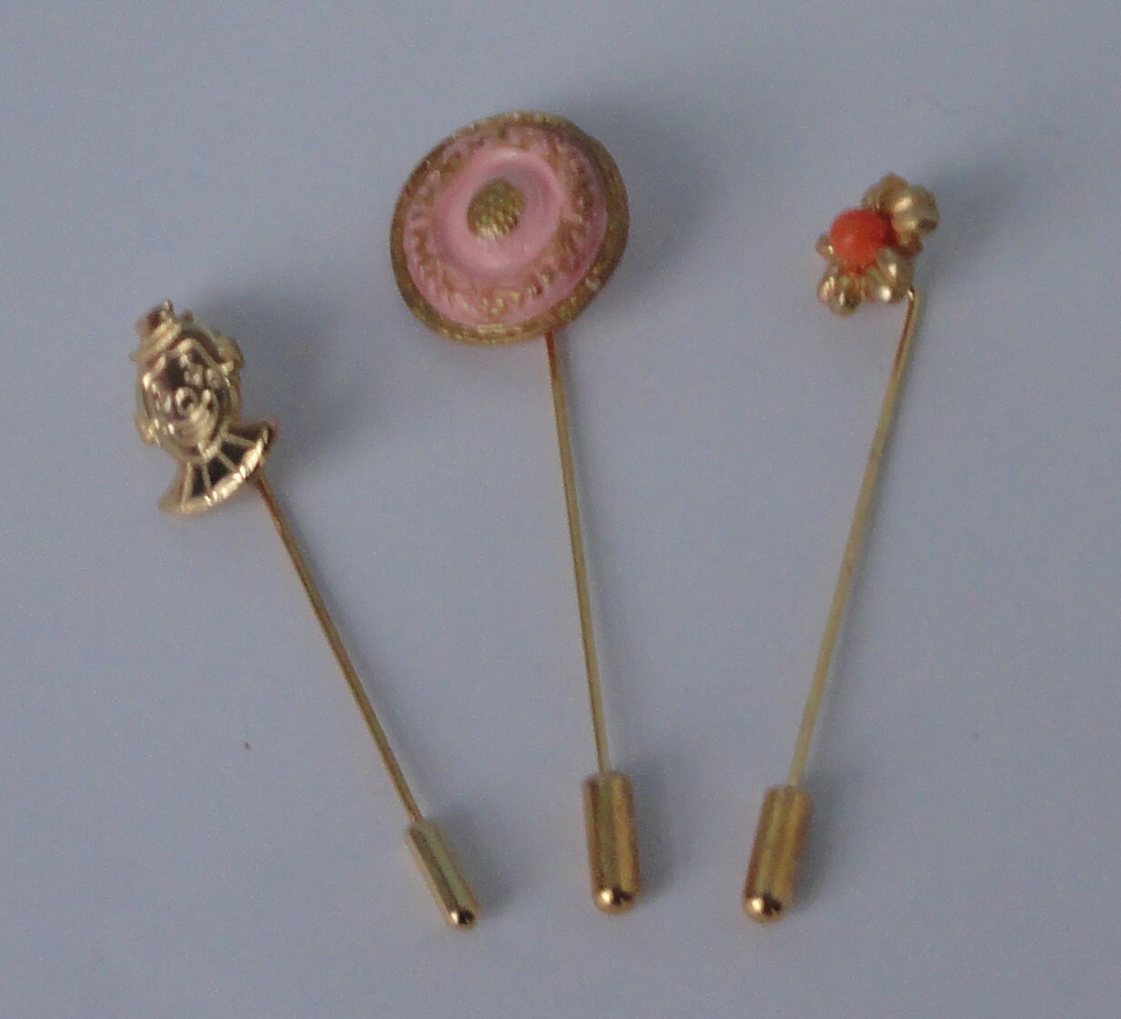 Lot of 3 Vintage Hat Pins. Stick Pins. Gold tone