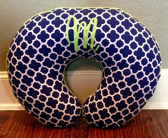 NURSING PILLOW COVER - Monogrammed/Personalized Custom Navy Quatrefoil & Minky Dot Nursing Pillow Cover with Zipper Closure