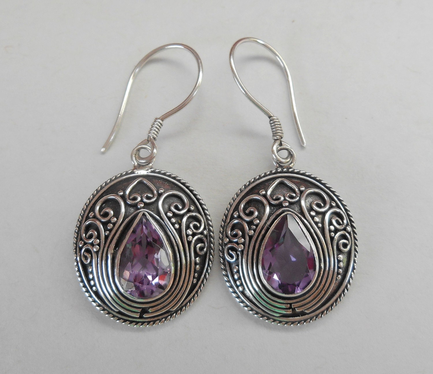 Balinese sterling silver dangle Earrings Amethyst pear cut gem