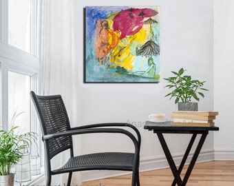 Original Painting 12x12 on cradled wood panel, for decor home, green turquoise, pink, mixed media expressionist art