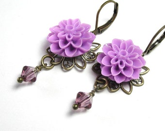 Lilac Victorian Style Swarovski Crystal Antiqued Brass and Resin Chrysanthemum Flower Dangle Earrings, Floral Jewelry, jewelrybyNaLa