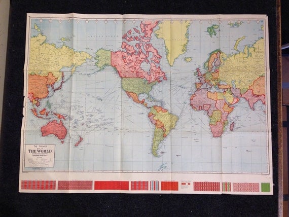 WWII Era Large World Map Wall Map Authentic 1940's by Cherylscache