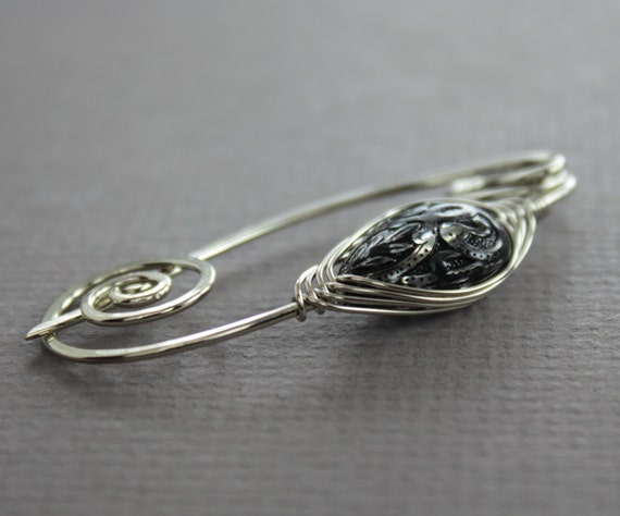 Silver shawl pin or scarf pin with herringbone wrapped black