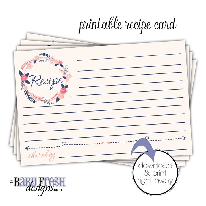 Printable Recipe Card Navy Blue and Coral Shabby Chic