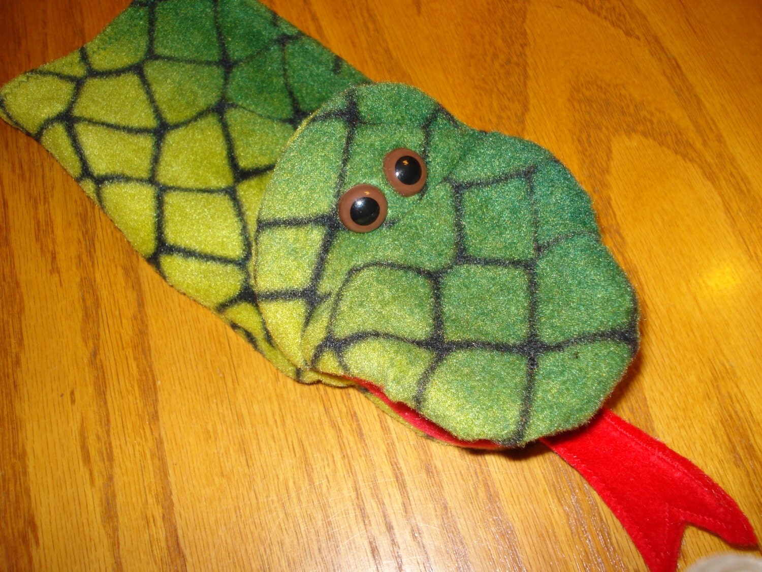 one Snake Hand Puppet green and black fleece fabric moveable