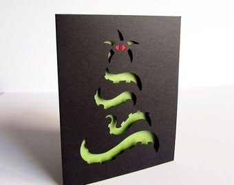 Cthulhu Christmas Tree Holiday Greeting Card - Silhouette Green and Black