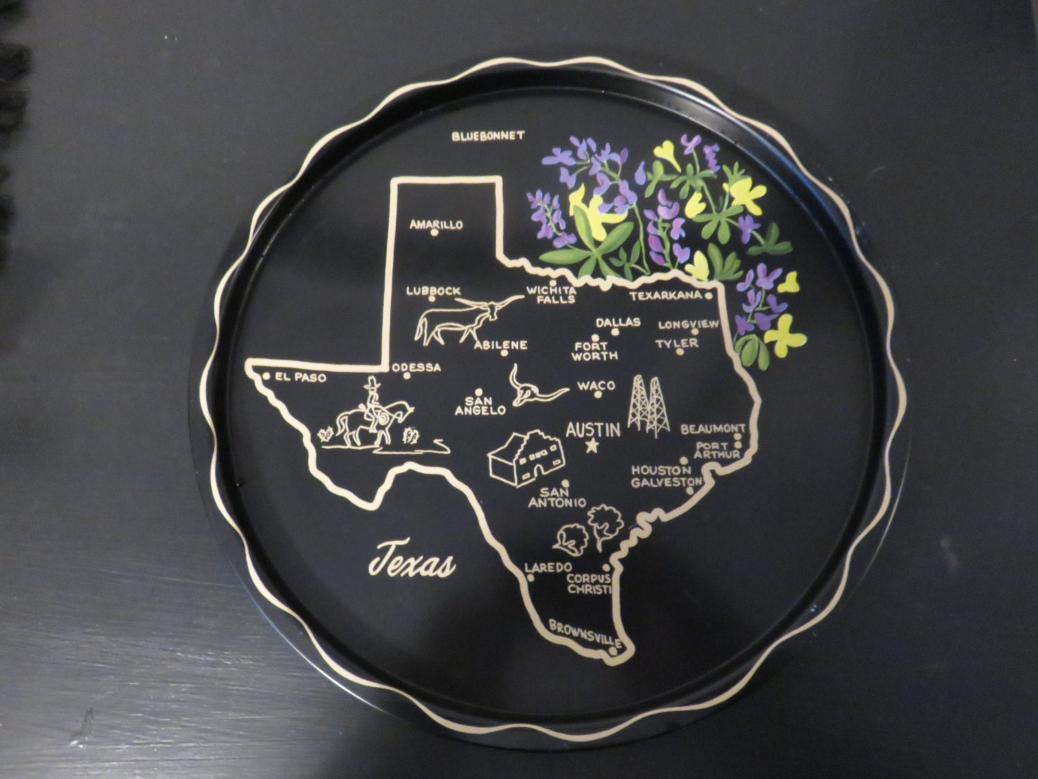 Texas commemorative tray with flowers black metal tray of Texas Haute