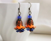 MOTHERS DAY SALE- Orange and Blue Flower Earrings in Antique Brass