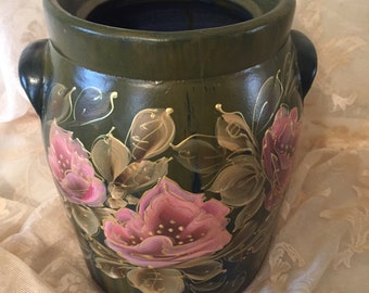 Hand Painted Old Crock, Cookie Jar by MontanaRosePainter, Deep Olive Greens, Gorgeous Salmon Colored Roses,