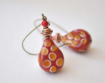 Red Earrings, Lampwork Glass Earrings, Teardrop Earrings, Dangle Earrings, Long Earrings, Beaded Earrings