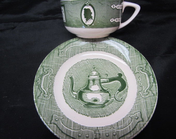 Colonial Homestead-Green Cup and Saucer Set, Farmhouse Cup and Saucer, Homestead Cup and Saucer, Green and White Gift Set, China Cup Saucer