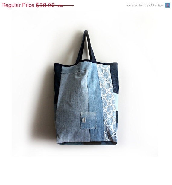 ON SALE Large Tote Bag Boho Bag Denim Bag by LoveandKnit on Etsy