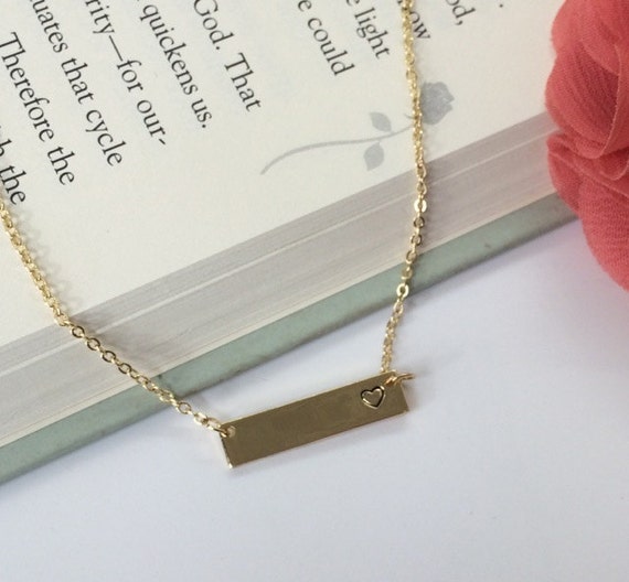 Gold Bar necklace with stamped heart -  gold heart necklace- stamped heart bar necklace - choose carded with message or in silver gift box