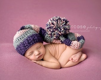 Baby Girl Elf Hat in Dusty Pink, Dark Purple, and Grey