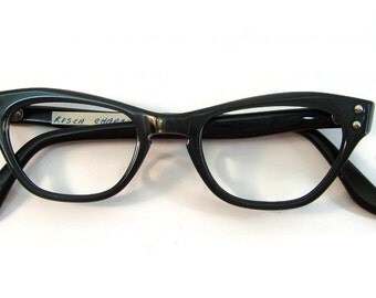 Vintage 50s Charcoal HornedRim Cateye Eyeglasses Eyewear Frame NOS