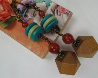 Deocrative Chain Pull Pair with Wooden Bead, Turquoise and Green Wood Discs and Red Agate Bead Accents