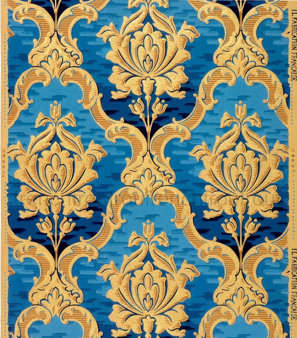 antique french wallpaper design rich gold blue roses in louis