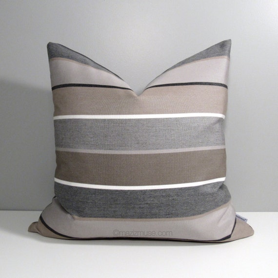 Brown & Grey Striped Outdoor Pillow Cover Decorative Pillow - Brown & Grey Striped Outdoor Pillow Cover, Decorative Pillow Case, Taupe  Stripes, Modern. Ã¢Â—Â…