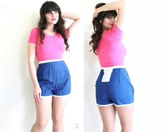 1960s High Waisted Shorts / 60s 50s Blue Pinup Shorts