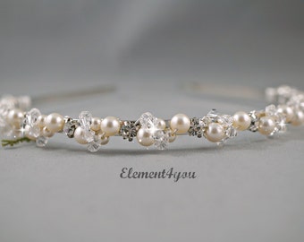 Bridal Headband Silver Pearl Tiara Ivory hair piece Swarovski ivory white pearls Wedding Head band Beaded crystal rhinestones metal headband